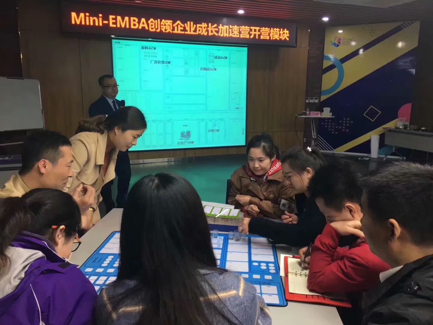 丁大硼老师 再次为MIni-EMBA研修班的管理精英们,讲授《经营管理实战沙盘模拟》演练课程
